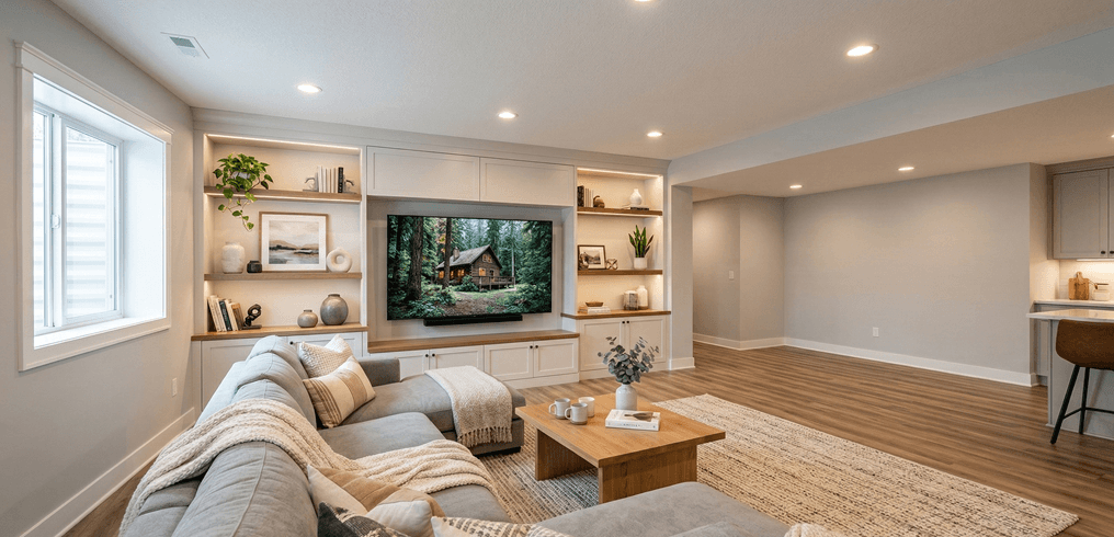 Custom finished basement with built-in shelving and entertainment center